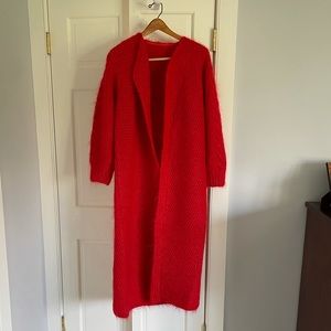 Stunning hand knit Mohair/Cashmere sweater coat. 48” length, sleeve 21.5”.